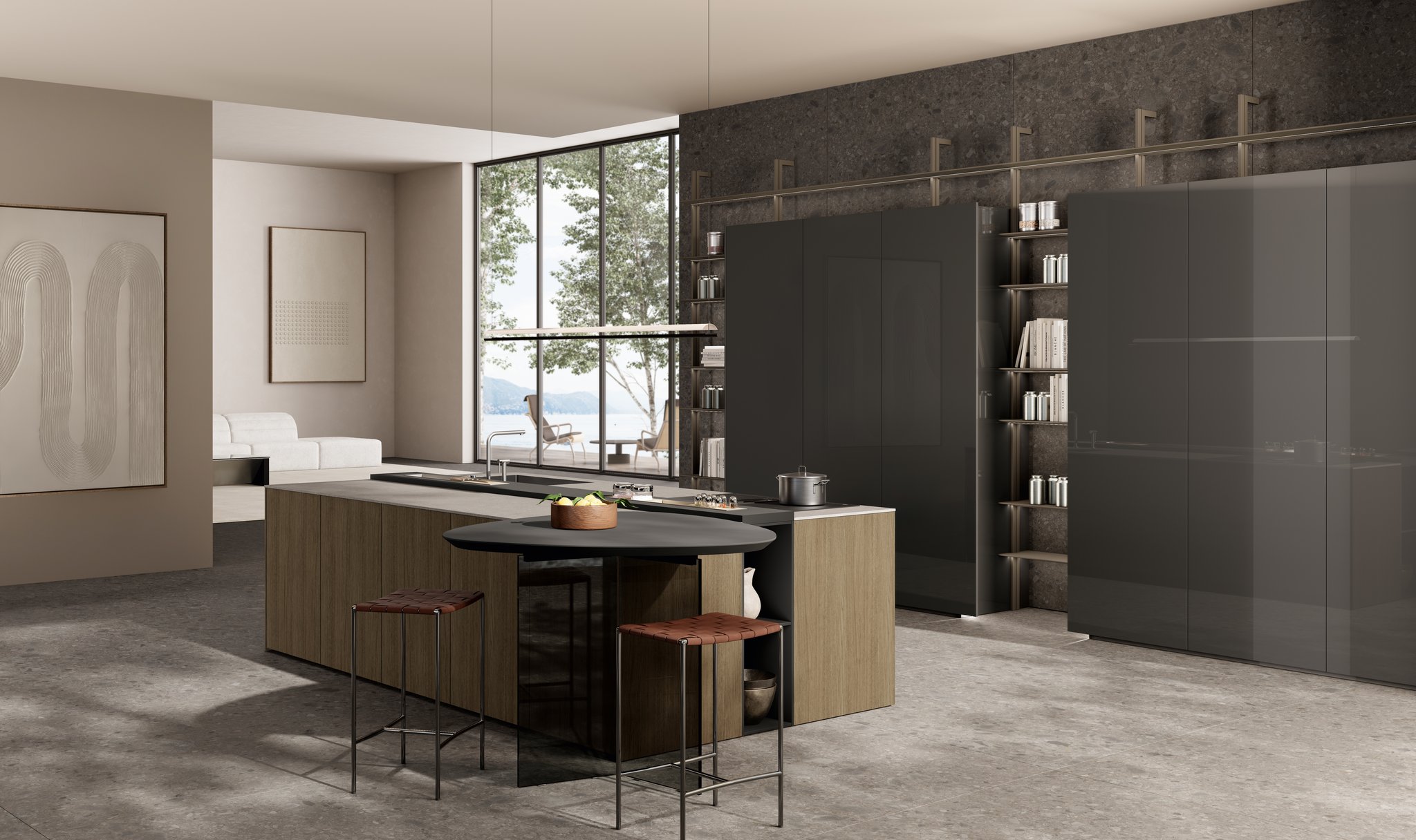 Cocina One de Ernestomeda con isla, mesa circular y columnas en acabado grafito